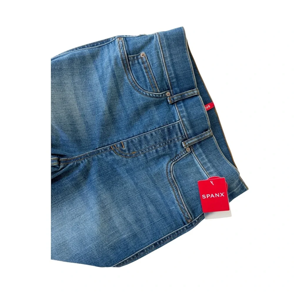 Spanx Ankle‎ Straight Leg Jeans Medium Wash High Rise Pull On Denim Blue Sz Xs